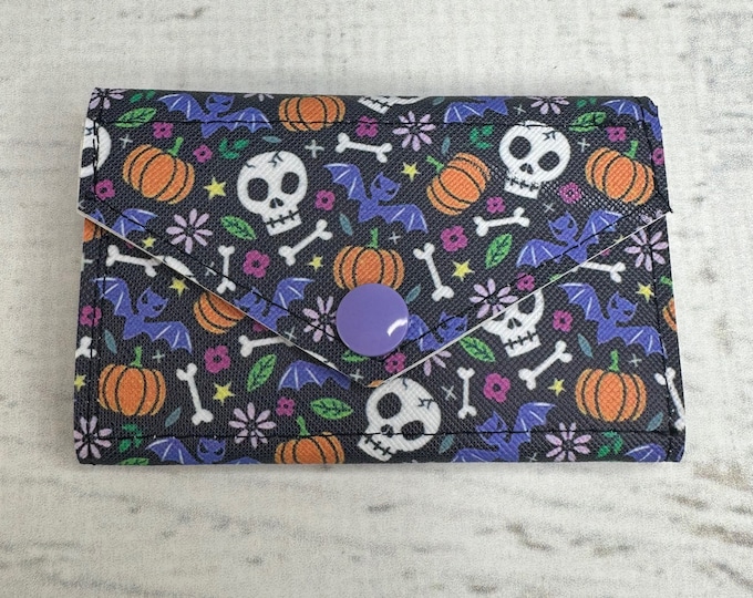 Skull Bones Bats & Pumpkins - Credit Card Wallet - Business Card Case - Snap Wallet - Gift Card - Compact Wallet - Halloween - Spooky - Goth