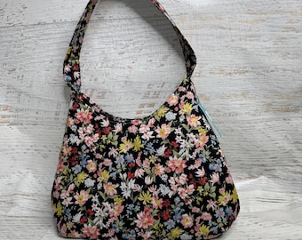Spring Garden Floral - Black - Hobo Style Shoulder Bag