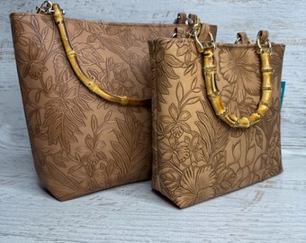 Paniola Light Brown - Hawaiian Print - Tote Bag - Purse - Handbag - Crossbody - Embossed Tropical Flowers Vinyl - Tiki - MCM - Tropical