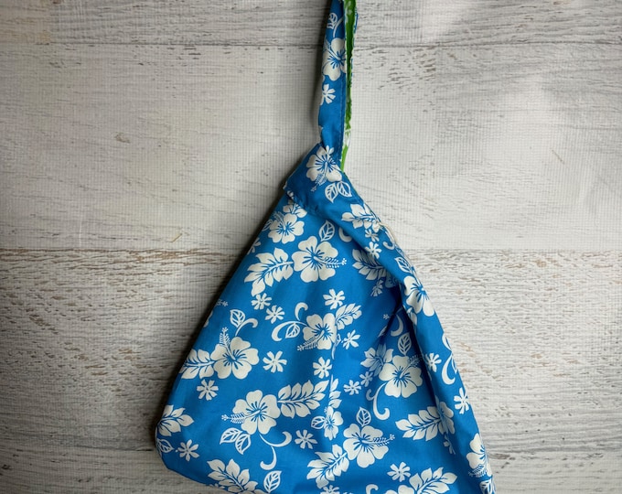 60s Hawaiian - Blue and Green - Reversible - Large Japanese Knot Bag - Shopping Tote - Farmers Market Bag - Cotton Tote - Reusable Bag