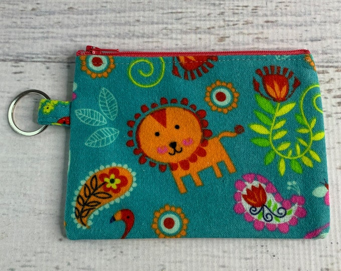 Jungle Creatures - Cotton FLANNEL - Coin Purse - Keychain - Wallet - Key Fob - Key Ring - Lion Elephant Toucan Pink Flamingo