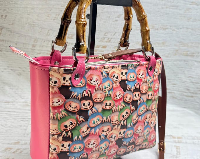 The Monsters - Vinyl Handbag with Bamboo Handles and Crossbody Strap