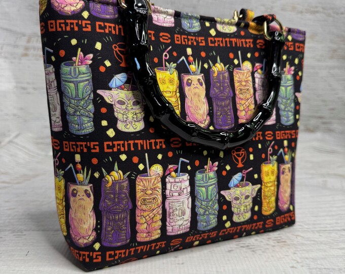 Space Cantina - Black  - Tiki Drinks - SMALL Tote Bag - Purse - Handbag - Crossbody - Tiki - MCM - Retro Vintage Style - Tiki Bar