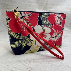 Red White Hibiscus on Navy - Clutch - Zipper Pouch - Wristlet - Retro Hawaiian Print - Travel Bag - Tiki - Aloha Print - Tiki Bar
