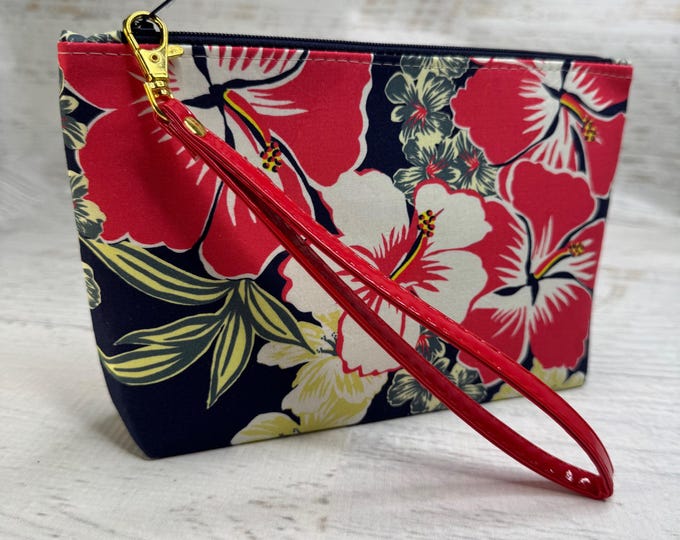 Red White Hibiscus on Navy - Clutch - Zipper Pouch - Wristlet - Retro Hawaiian Print - Travel Bag - Tiki - Aloha Print - Tiki Bar