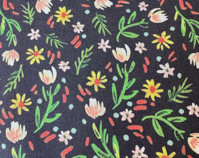 Remnant Fabric - Dear Stella August Wren - Black Floral Print Cotton Woven