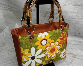 70s Retro Geo Flowers - Top Handled Vinyl and Canvas Handbag or Crossbody Purse with Zipper Charm Closure