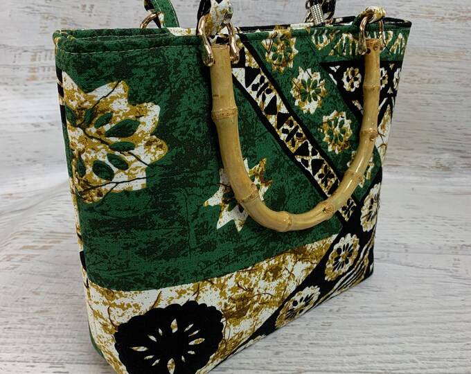 Green Tapa Cloth - Tote Bag - Purse - Handbag - Crossbody - Barkcloth - MCM - Retro Modern - Tropical - Hawaiian Print - Aloha