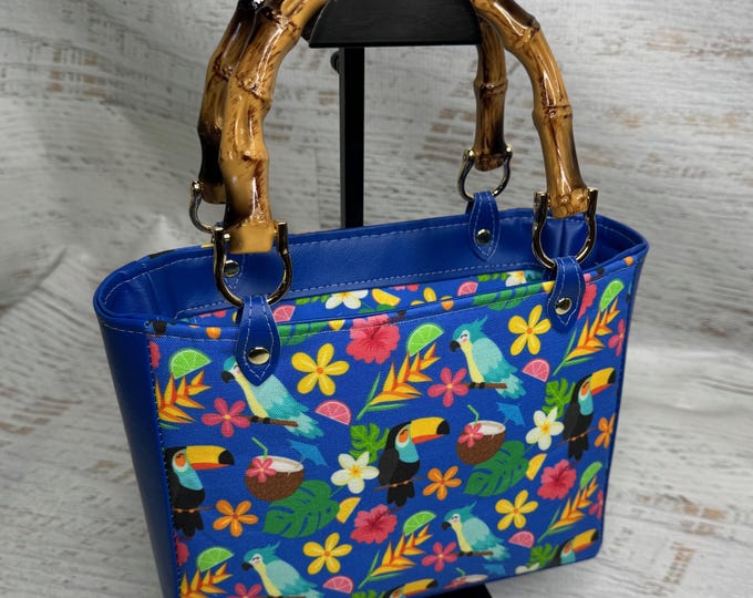 Tropical Vacation Paradise - Top Handled Handbag - Crossbody Purse - Zipper Closure with Charm - Tiki Room- Parrots - Canvas - Vinyl