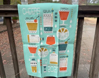 Cheers to 2027  Tea Towel Calendar | Linen Cotton Canvas | MidCentury Modern Cocktail Lounge