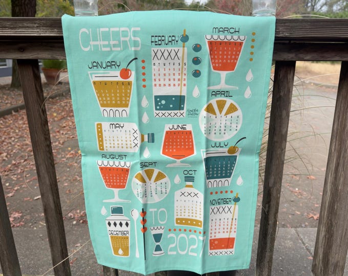 Cheers to 2027  Tea Towel Calendar | Linen Cotton Canvas | MidCentury Modern Cocktail Lounge