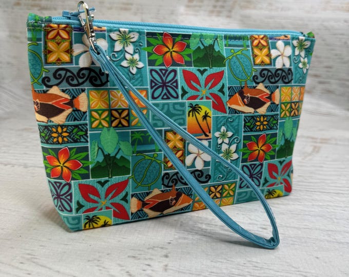 Hawaiian Tapa - Blue - Clutch - Zipper Pouch - Wristlet - Retro Hawaiian Print - Travel Bag - Tiki - Aloha Print - Honu - Humuhumu - floral