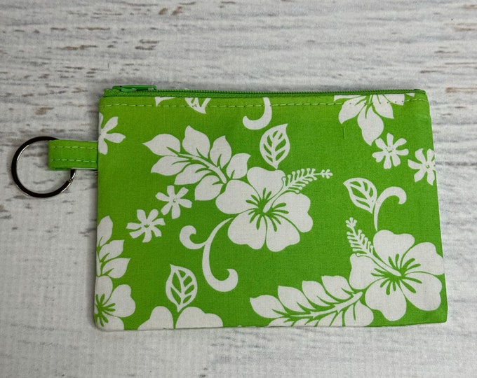 60s Hawaiian - Green - Cotton - Coin Purse - Keychain - Wallet - Key Fob - Key Ring - Floral - Aloha Print - Hawaiian Print