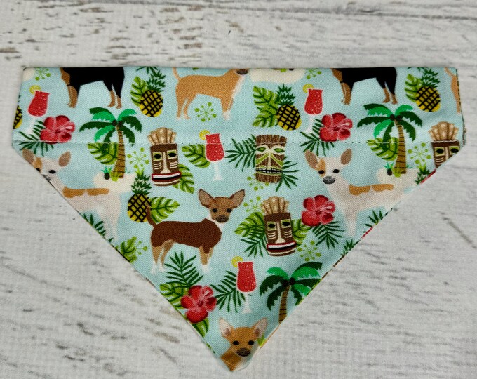 Chihuahuas and Tikis - Dog Cat Pet Bandana - Over the Collar - Tropical - Aloha Print - Sizes XS to XL - Dog Accessories - Neckwear - Doxie