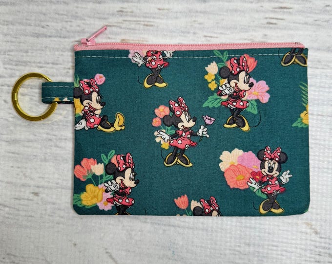 Minnie Mouse Floral - Disney® Officially Licensed Fabric - Cotton Woven Coin Purse Keychain Fob Wallet
