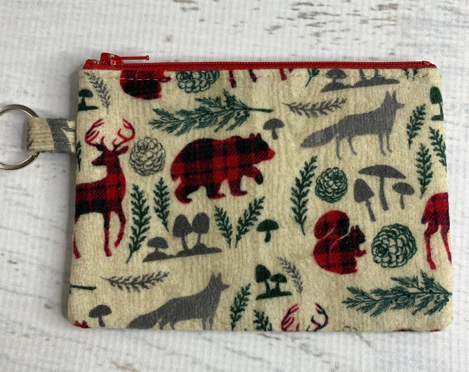 Forest Creatures - Cotton FLANNEL - Coin Purse - Keychain - Wallet - Key Fob - Key Ring - Buffalo Plaid bear wolf deer squirrel pinecone