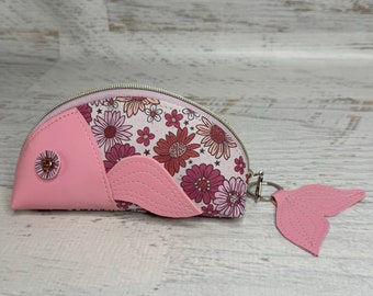 Fish Pouch - Pink Daisies -  Zipper Pouch - Keychain - Make Up Bag - Zipper Clutch - Novelty - Vinyl - Vegan Leather