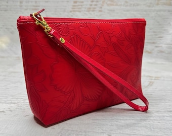 Paniola Collection: Red Floral Embossed Vinyl Hawaiian Print Clutch Wristlet