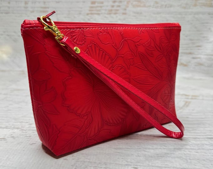 Paniola Collection: Red Floral Embossed Vinyl Hawaiian Print Clutch Wristlet