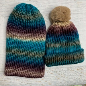 Knit Hat - Dark Ocean - toque - beanie - stocking cap - adult - toddler - Brown Tan BeigeTeal Turquoise Green - with or without Pom Pom