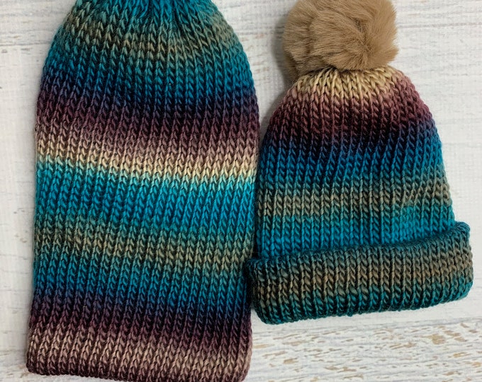 Knit Hat - Dark Ocean - toque - beanie - stocking cap - adult - toddler - Brown Tan BeigeTeal Turquoise Green - with or without Pom Pom