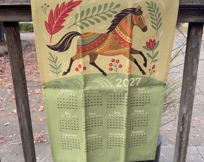 Folk Art Horse | 2027 Calendar | Tea Towel | Bar Towel | Linen Cotton Canvas