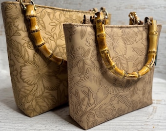 Paniola Collection: Tan - Embossed Hawaiian Print Vinyl Tote Bag with Bamboo Handles