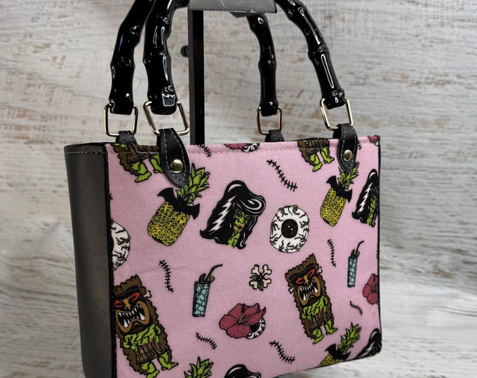 Haunted Psychobilly Luau - Top Handled Sparkle Vinyl Handbag or Crossbody Purse  with Zipper Charm Closure - Tiki Halloween Monsters