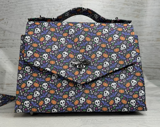 Skull Bones Bats & Pumpkins - Purse - Handbag - Crossbody - Pocketbook - Retro Vintage Inspired - Goth Purse - Halloween - Spooky