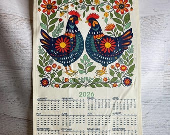 Folk Art Hens - 2026 Tea Towel Calendar - Linen Cotton Canvas