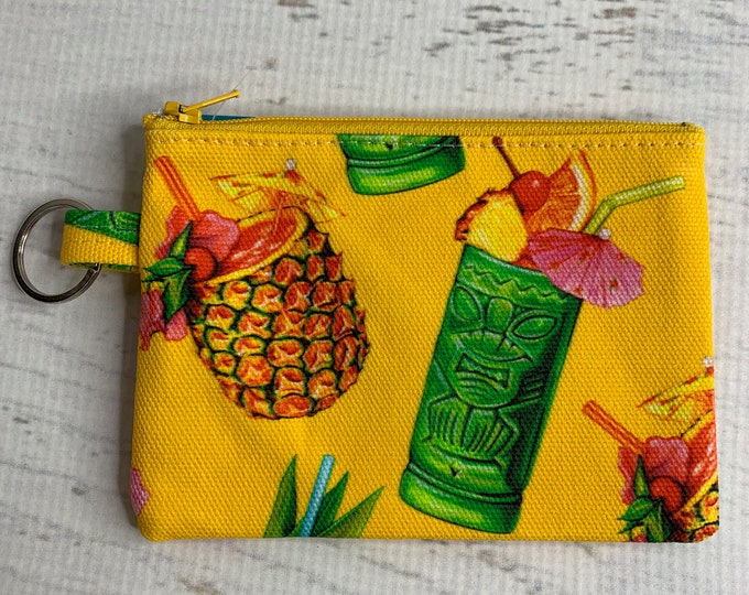 Tiki Cocktails - Cotton Canvas - Coin Purse - Keychain - Wallet - Key Fob - Key Ring - Aloha Print - Hawaiian Print