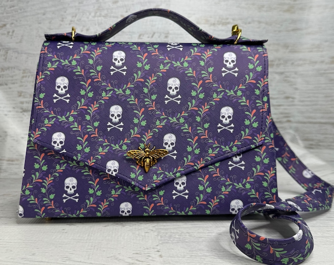 Purple Skull Vignette - Purse - Handbag - Crossbody - Pocketbook - Retro Vintage Inspired - Goth Purse - Halloween - Spooky