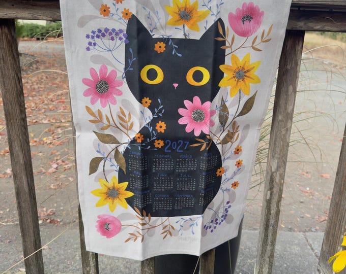 Folk Art Cat | 2027 Tea Towel Calendar | Linen Cotton Canvas