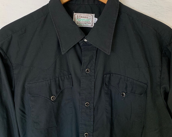 Vintage  80s - H Bar C - California Ranch Wear - Men's Solid Black Long Sleeve Shirt - Long Tail size 48 Tall 17.5-35 XL
