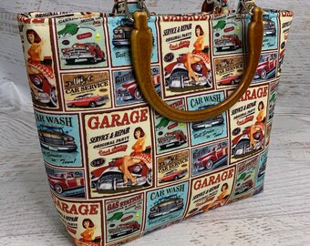 Vintage Hot Rod Garage - PinUp - Tote Bag - Purse - Handbag - Crossbody - Canvas - Tiki - MCM - MidCentury - Tropical