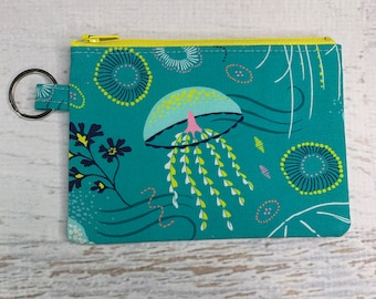 Jellyfish Under The Sea - Cotton Woven Coin Purse Fob Wallet with Keychain