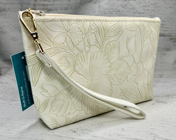 Paniola - Cream - Hawaiian Aloha Print - Clutch - Zipper Pouch - Wristlet - Retro Hawaiian Print - Travel Bag - Nightclub - Vinyl