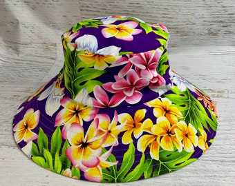 Canvas Sun Hat - Purple Aloha Hawaiian Print - Wide Brim Summer Hat - Tiki Hat - Luau - Beachcomber Hat - Plumeria - Cymbidium Orchid