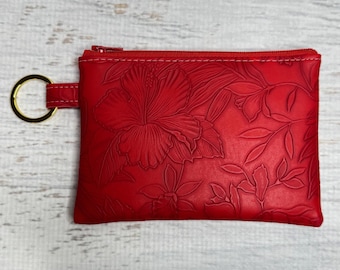 Paniola Collection: Red Floral Embossed Vinyl Hawaiian Print Coin Purse Keychain