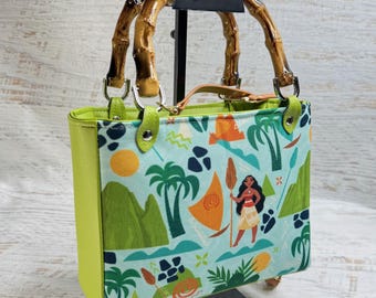 Island Princess Dreams - Vinyl & Eco Canvas Handbag with Bamboo Handles and Crossbody Strap