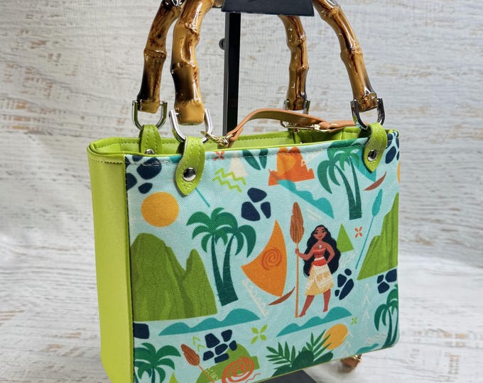 Island Princess Dreams - Vinyl & Eco Canvas Handbag with Bamboo Handles and Crossbody Strap