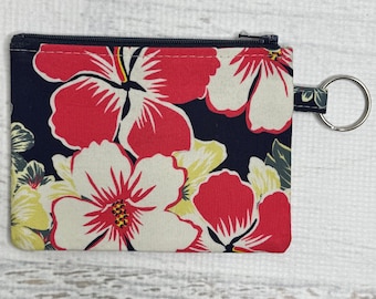 Red White Hibiscus on Navy - Cotton Poplin Coin Purse Fob Wallet with Keychain