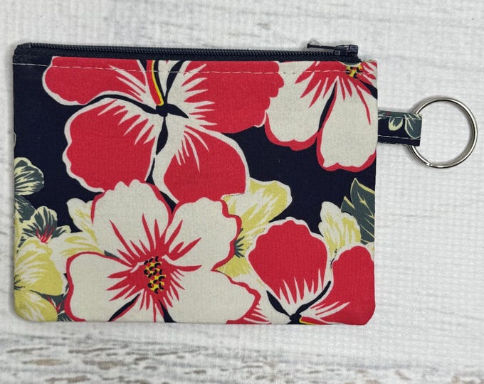 Red White Hibiscus on Navy - Cotton Poplin - Coin Purse - Keychain - Wallet - Key Fob - Key Ring - Aloha - Hawaiian Print - Floral