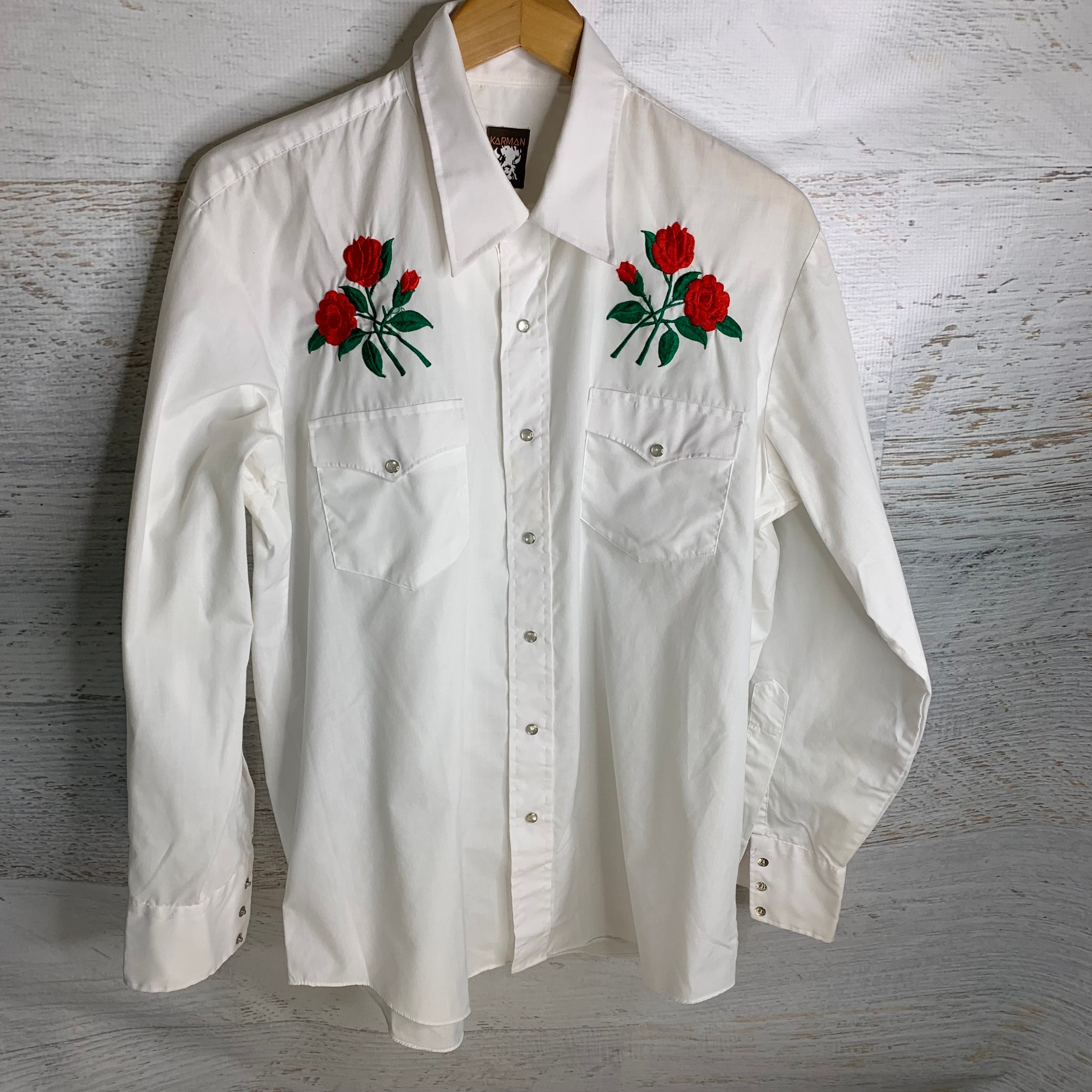 Vintage 80s - Karman - White Red Rose Floral Embroidery Long 