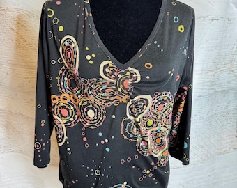 Vintage Y2K Lynn Ritchie Abstract Circles Black Silk Blend Blouse 3/4 sleeve XL