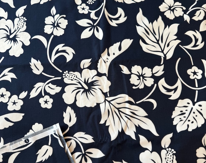 Hawaiian Fabrics - 78 - Hibiscus - Plumeria - Navy Blue - White - Quilting Cotton Fabric - Aloha - Hawaiian Print - Tropical - Frangipani