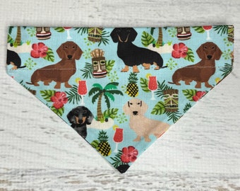 Dachshunds and Tikis - Dog Cat Pet Bandana - Over the Collar - Tropical - Aloha Print - Sizes XS to XL - Dog Accessories - Neckwear - Doxie