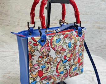 Cartoon Mayhem - Vinyl & Eco Canvas Handbag with Bamboo Handles and Crossbody Strap