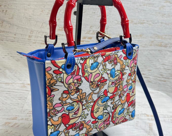 Cartoon Mayhem - Vinyl & Eco Canvas Handbag with Bamboo Handles and Crossbody Strap