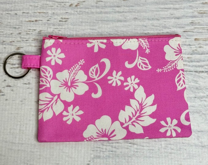 60s Hawaiian - Pink - Cotton - Coin Purse - Keychain - Wallet - Key Fob - Key Ring - Floral - Aloha Print - Hawaiian Print